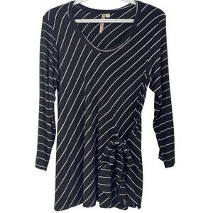 Comfy USA Black Striped Faux Wrap Tunic Top Stretch Jersey Knit Minimalist L